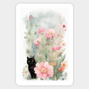 Black Cat  in the Flower Garden Soft Pastel Colours Sticker